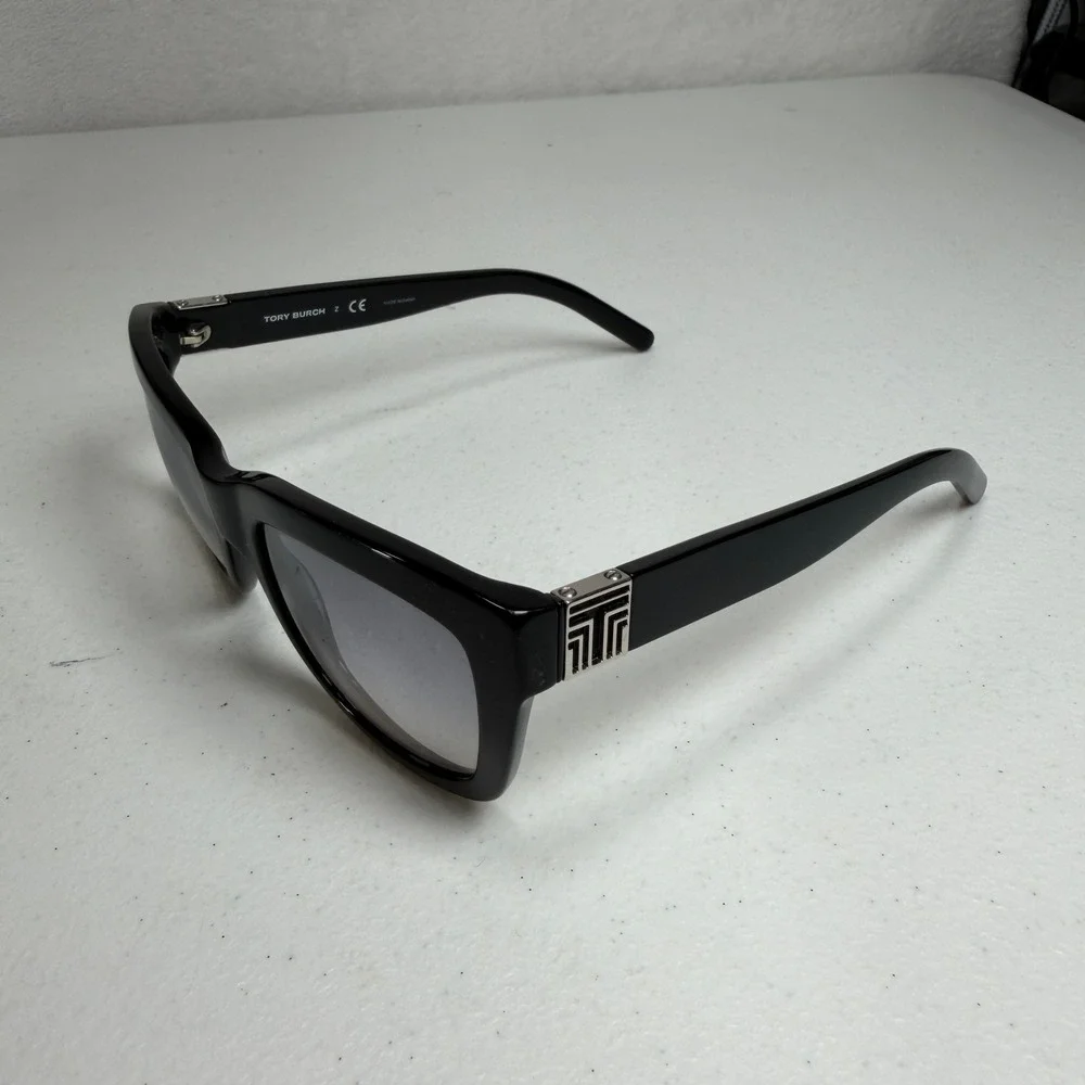 Tory Burch Sunglasses Square Black TY 7075 Silver Logo Grey Gradient Lens